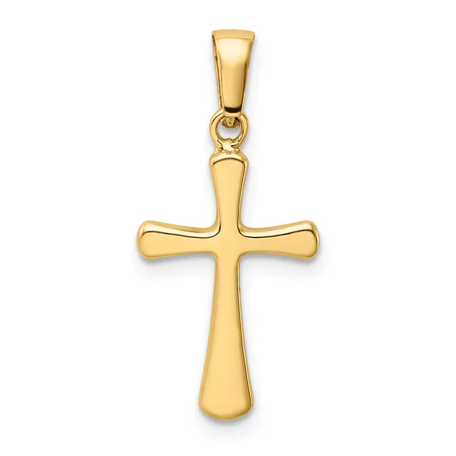 A polished gold cross pendant with rounded edges and a tapered shaft, suspended from a matching bail.