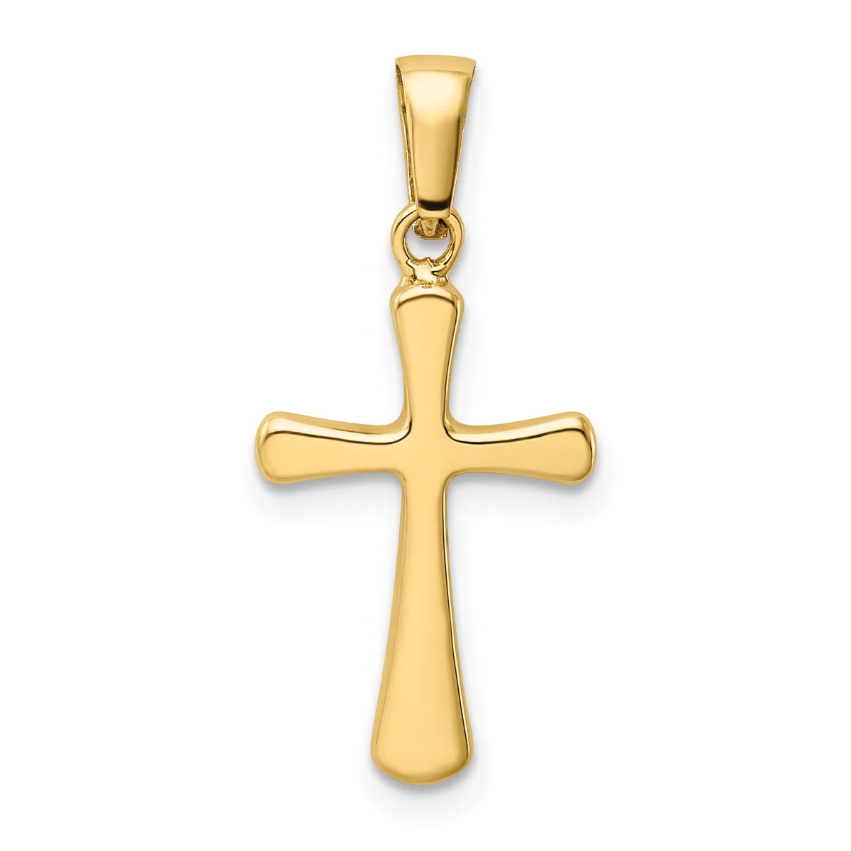 A polished gold cross pendant with rounded edges and a tapered shaft, suspended from a matching bail.