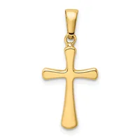 A polished gold cross pendant with rounded edges and a tapered shaft, suspended from a matching bail.