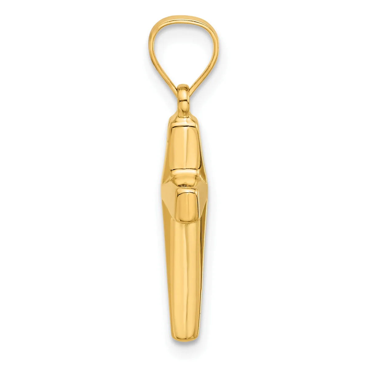 A polished gold-toned metal pendant with a teardrop-shaped loop at the top and an elongated cylindrical body with a small rectangular window or opening in the center.