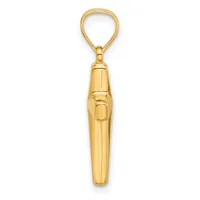 A polished gold-toned metal pendant with a teardrop-shaped loop at the top and an elongated cylindrical body with a small rectangular window or opening in the center.