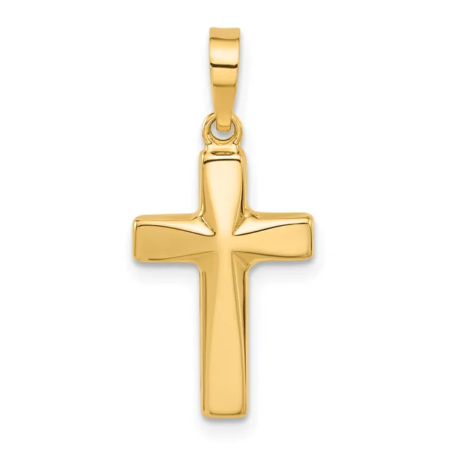 A polished gold cross pendant with rounded rectangular arms and a small rectangular bail loop at the top, shown hanging against a white background.