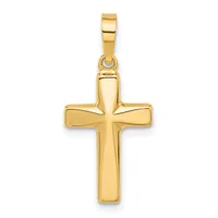 A polished gold cross pendant with rounded rectangular arms and a small rectangular bail loop at the top, shown hanging against a white background.