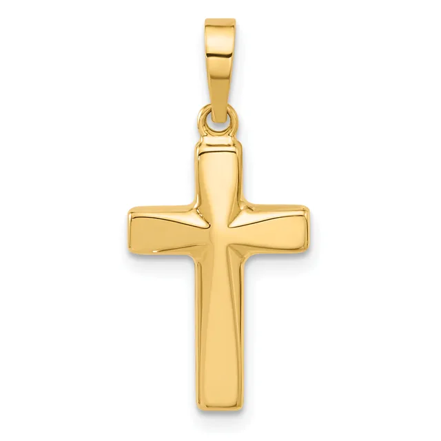 A polished gold cross pendant with a rectangular bail attachment at the top, shown against a white background.