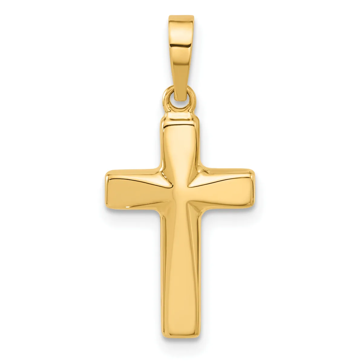 A polished gold cross pendant with a rectangular bail attachment at the top, shown against a white background.