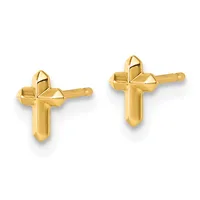 A pair of small gold cross stud earrings with faceted tops and smooth stems, shown from the front.
