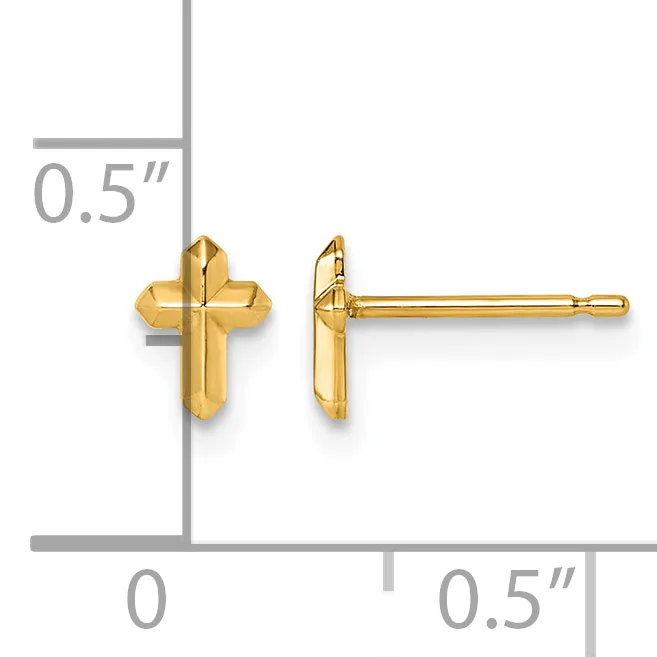 Pair of small gold cross stud earrings shown from front and side views with measurement scale indicating approximately 0.5 inches in height.