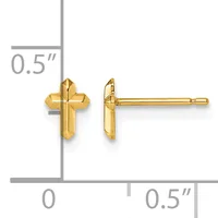 Pair of small gold cross stud earrings shown from front and side views with measurement scale indicating approximately 0.5 inches in height.