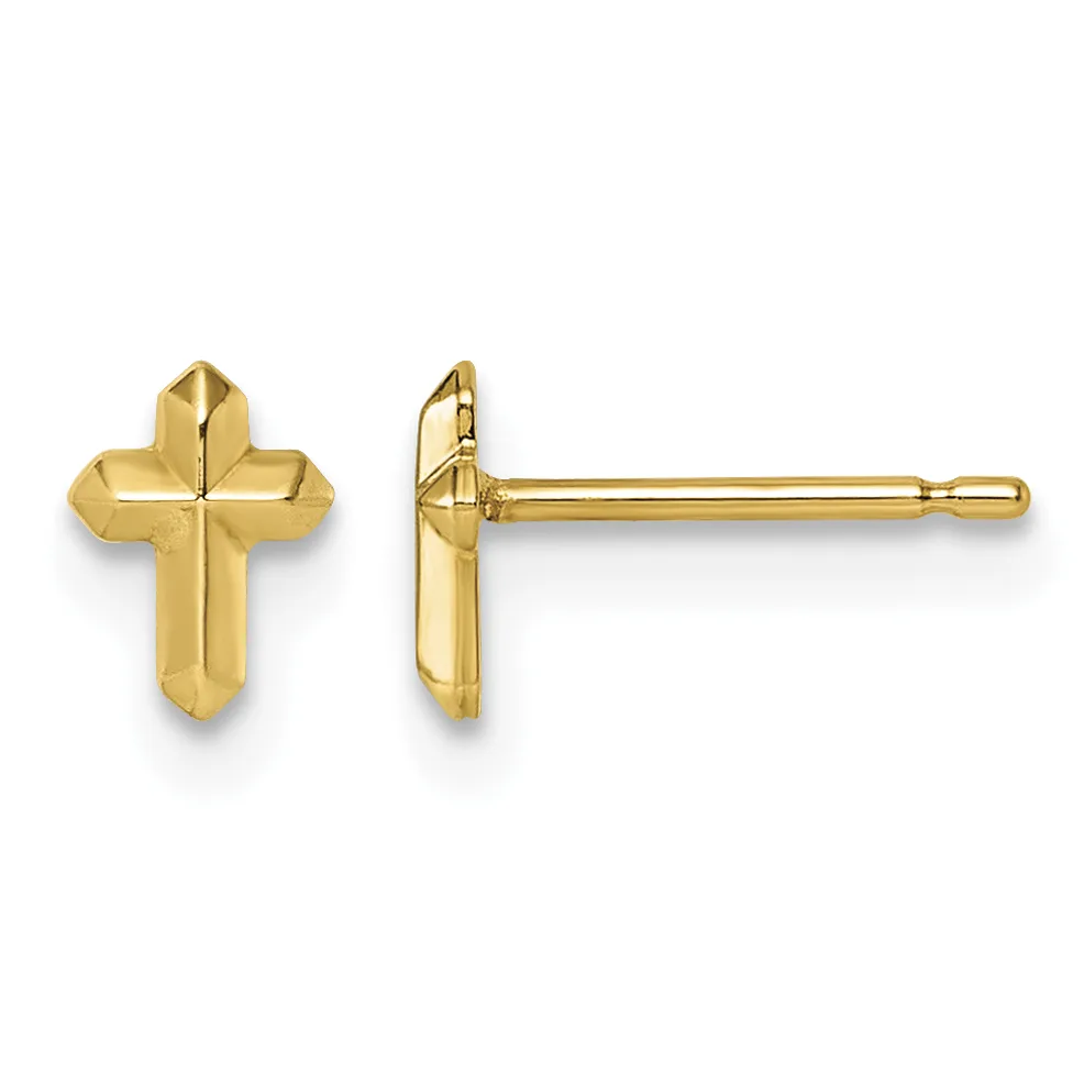 Pair of small gold cross stud earrings shown from front and side views, featuring polished surfaces and post-and-clutch backs.