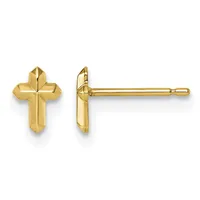 Pair of small gold cross stud earrings shown from front and side views, featuring polished surfaces and post-and-clutch backs.