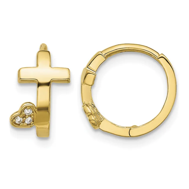 Pair of gold hoop earrings with cross and heart charm featuring small diamonds, shown from front and side angles.