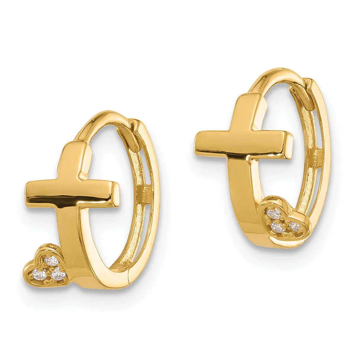 Pair of gold hoop earrings with cross designs and small heart-shaped diamond accents at the bottom.
