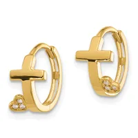 Pair of gold hoop earrings with cross designs and small heart-shaped diamond accents at the bottom.