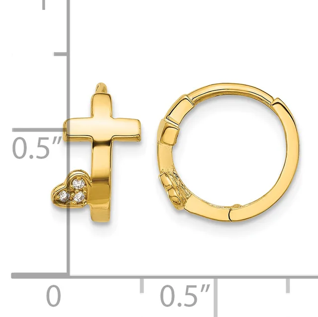 Gold cross and heart charm on a gold hinged hoop earring, shown next to a ruler indicating approximately half-inch scale.
