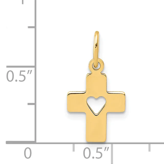 Gold cross pendant with a cutout heart in the center, shown next to a ruler indicating approximately half an inch in width.