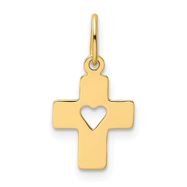 A gold cross pendant with a heart cutout in the center, suspended from a gold bail loop.
