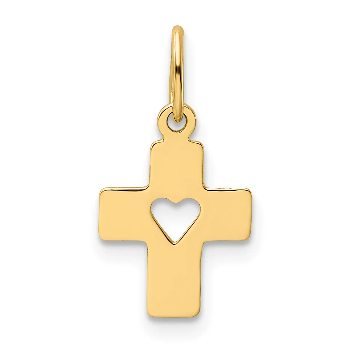 A gold cross pendant with a heart cutout in the center, suspended from a gold bail loop.