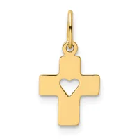 A gold cross pendant with a heart cutout in the center, suspended from a gold bail loop.