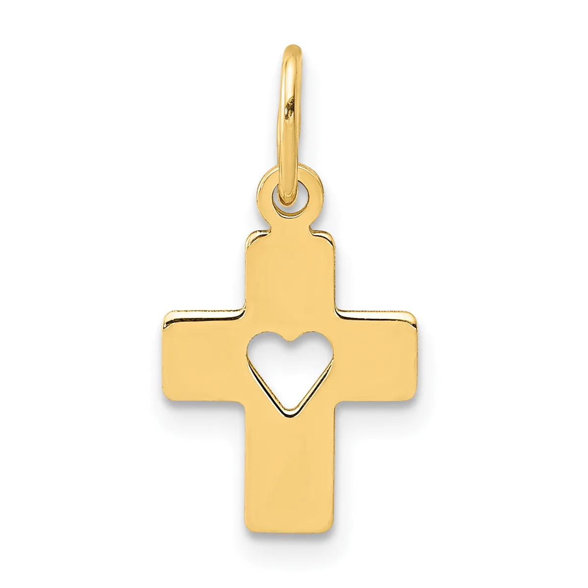 Gold cross pendant with a cutout heart in the center and a small loop at the top for hanging on a chain.