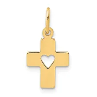 Gold cross pendant with a cutout heart in the center and a small loop at the top for hanging on a chain.