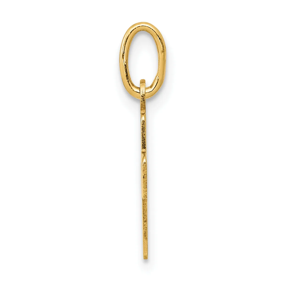 A gold oval loop pendant with a long thin chain attachment, displayed vertically against a white background.