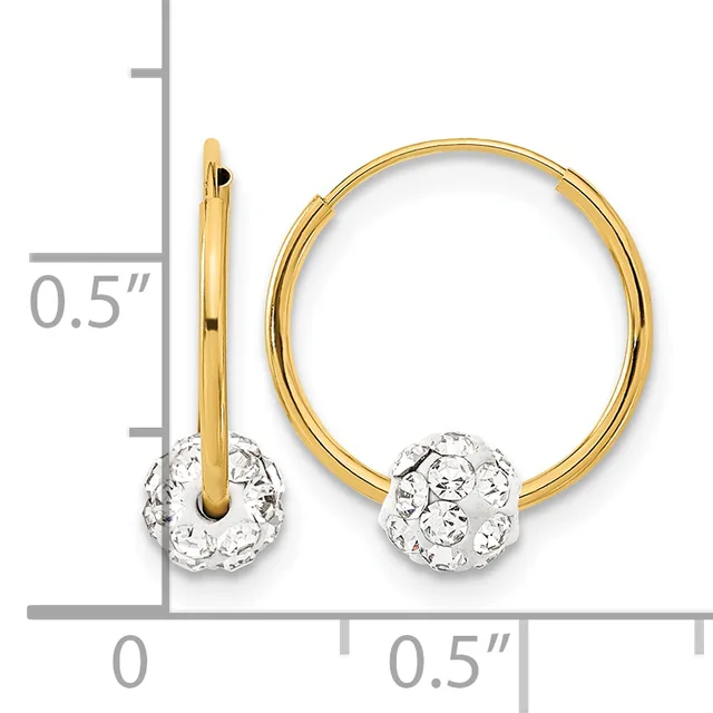 Gold hoop earrings with crystal rhinestone ball charms, shown with a measurement scale indicating approximately half-inch diameter.