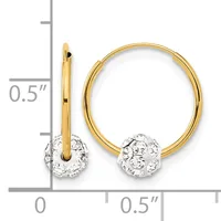 Gold hoop earrings with crystal rhinestone ball charms, shown with a measurement scale indicating approximately half-inch diameter.