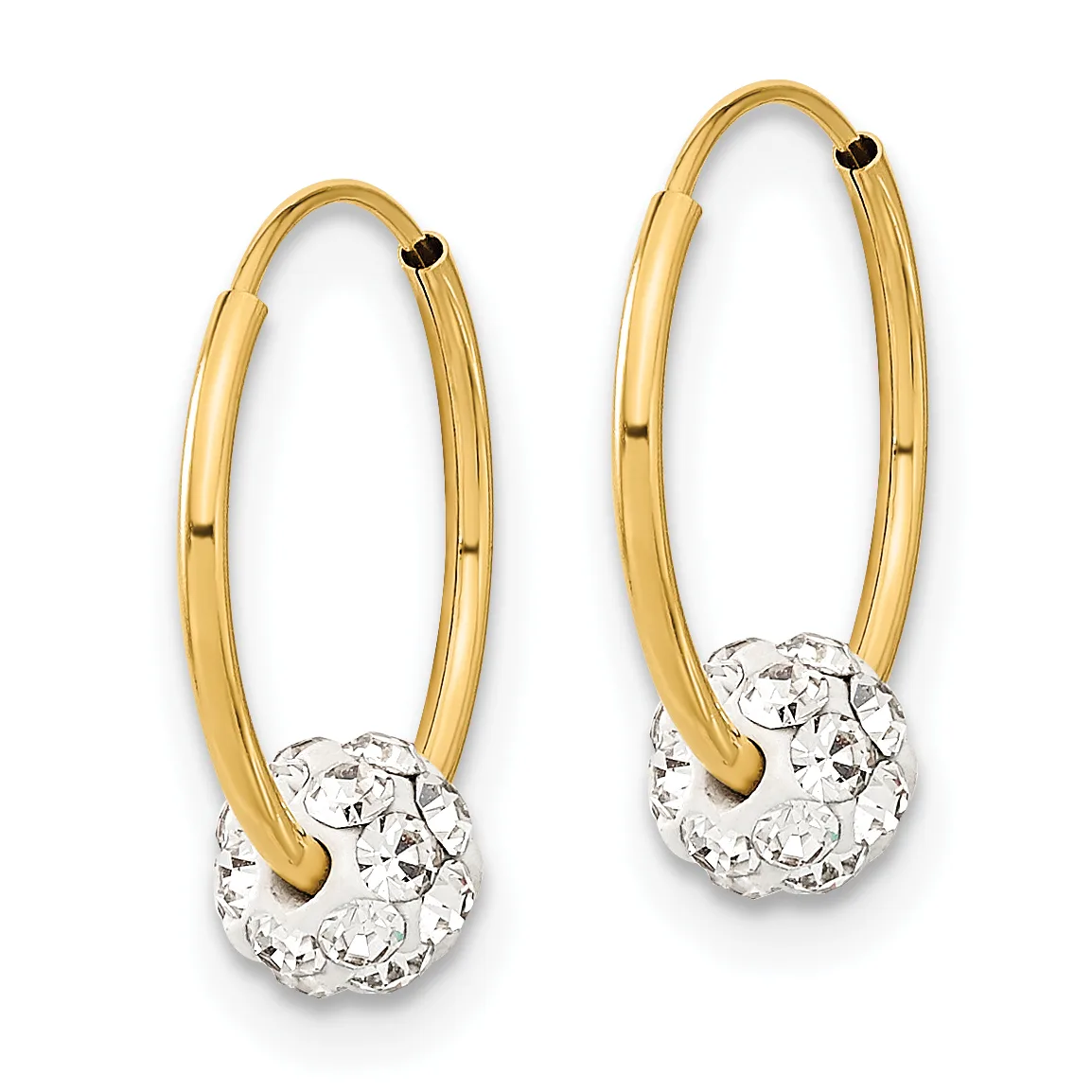 A pair of gold hoop earrings with crystal-embellished spheres dangling from the bottom of each hoop.