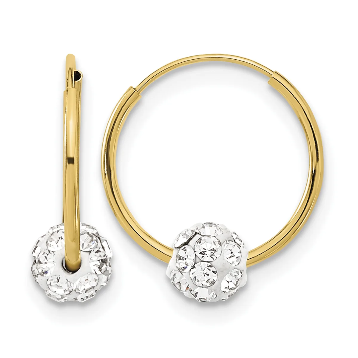 Pair of yellow gold hoop earrings with crystal-embellished spherical charms, shown from front and side views.