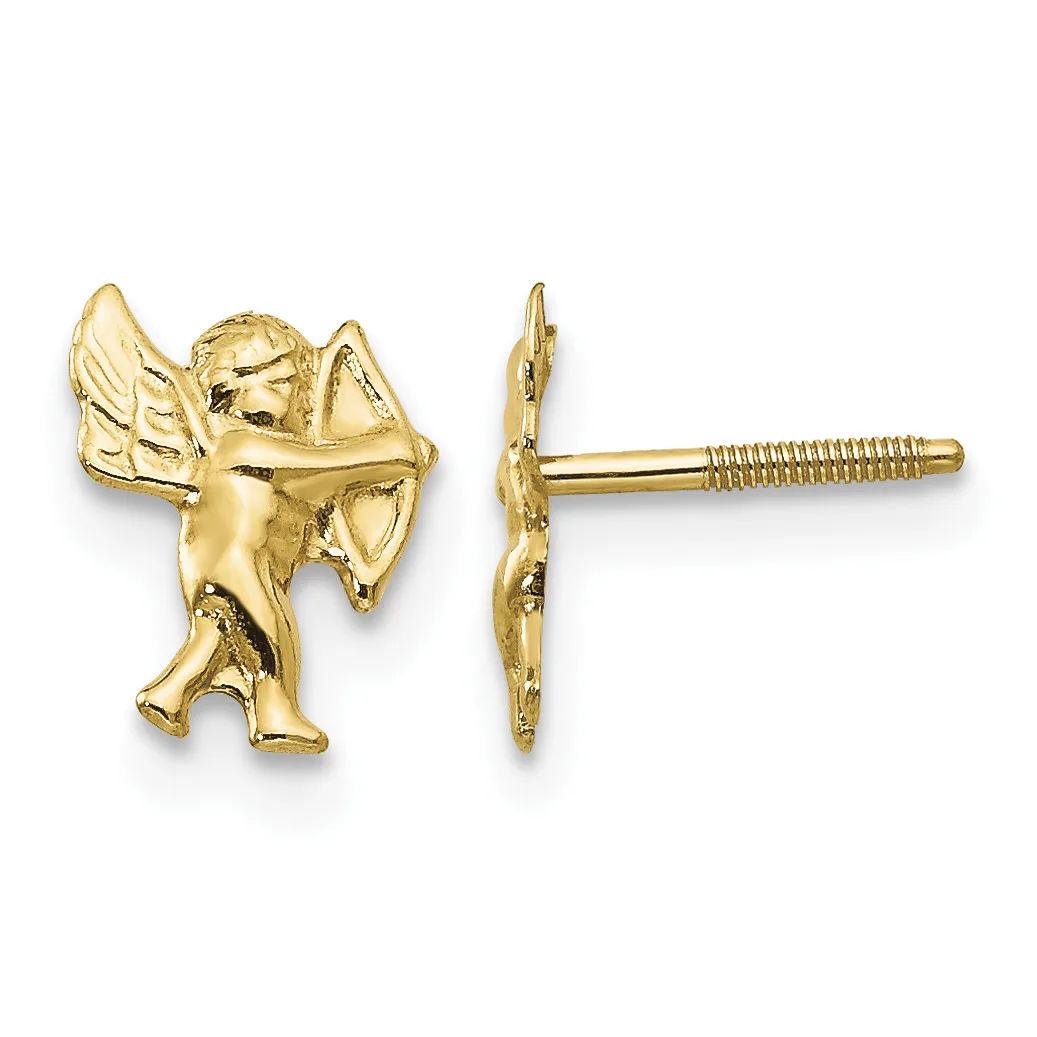 Pair of gold-colored cherub stud earrings with threaded posts, shown from front and back views.