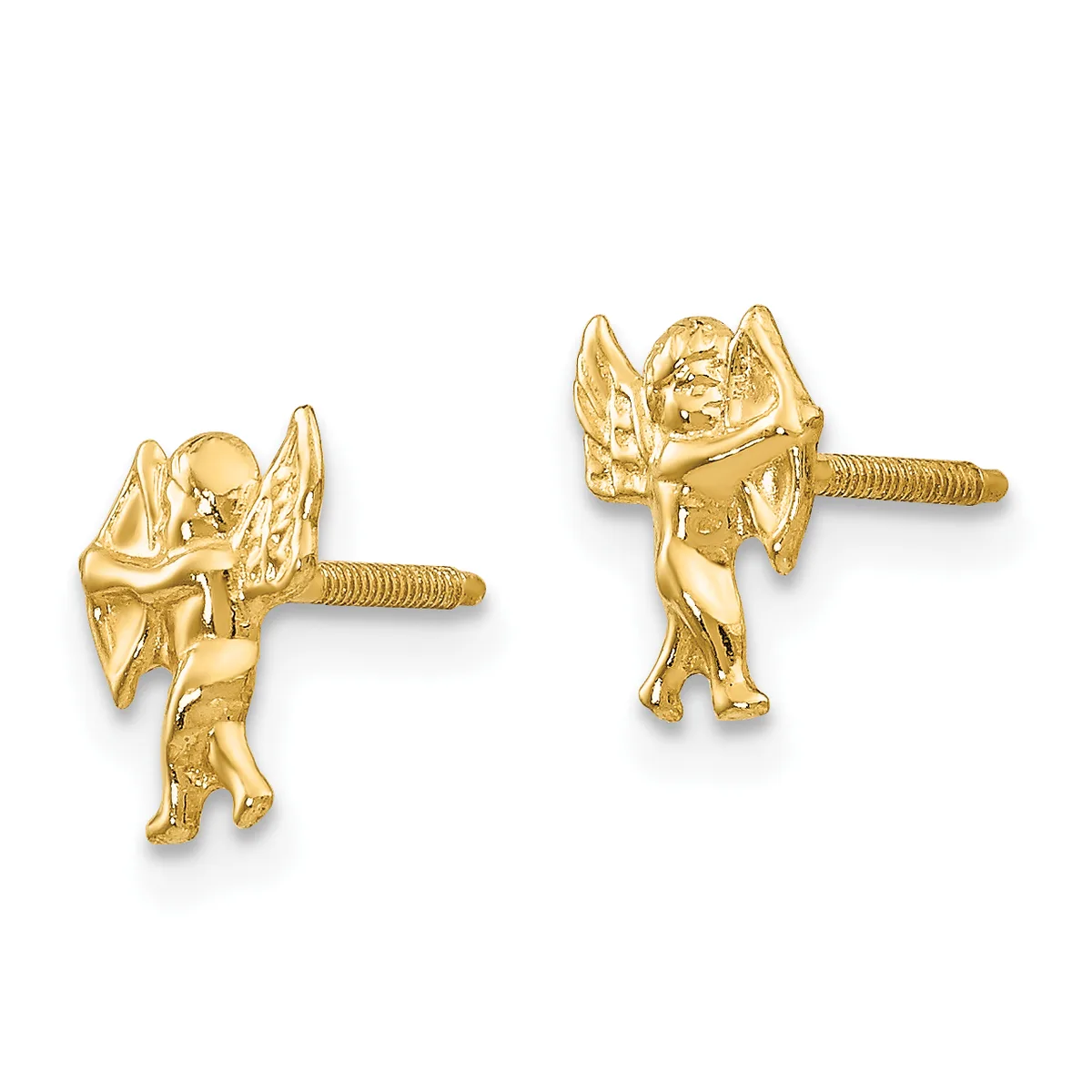 Pair of gold angel earrings with screw-back posts, shown from front and side angles.