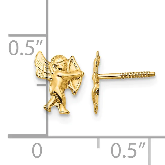 Gold cupid stud earrings shown from front and back views with a measurement scale indicating they are approximately 0.5 inches tall.