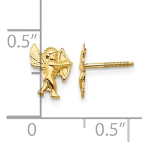 Gold cupid stud earrings shown from front and back views with a measurement scale indicating they are approximately 0.5 inches tall.