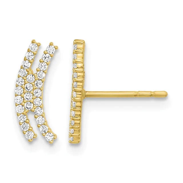 Pair of gold stud earrings with curved V-shaped posts set with round diamonds, shown from front and back views.