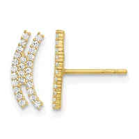 Pair of gold stud earrings with curved V-shaped posts set with round diamonds, shown from front and back views.