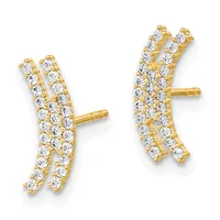 Pair of gold stud earrings with curved split design, each set with two rows of round cubic zirconia stones.