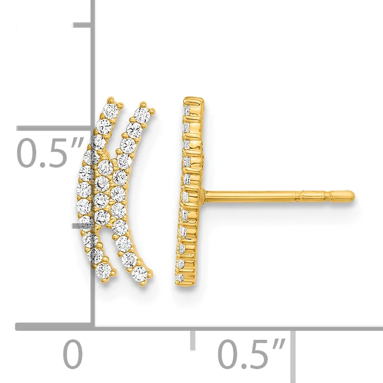 Gold stud earrings with two curved branches set with round diamonds, shown from front and back views with a measurement scale indicating approximately 0.5 inches in length.