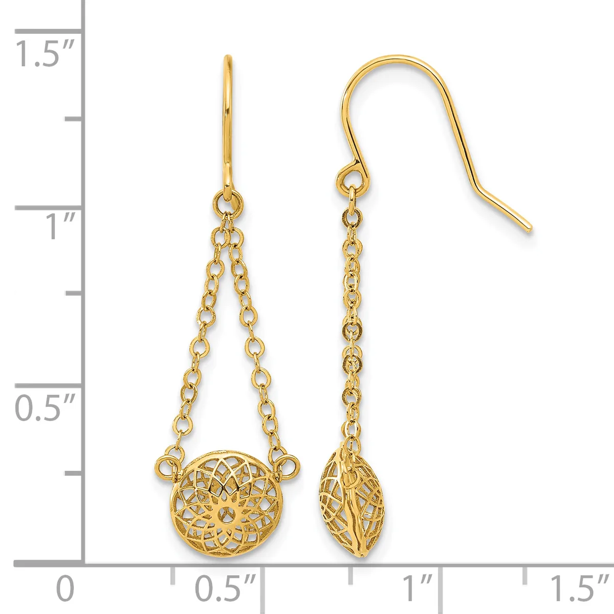 Pair of gold-toned dangle earrings with chain and filigree charms, shown against a measurement scale indicating approximately 1.5 inches in length.
