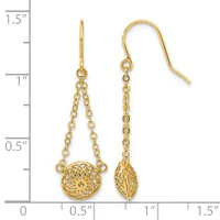 Pair of gold-toned dangle earrings with chain and filigree charms, shown against a measurement scale indicating approximately 1.5 inches in length.