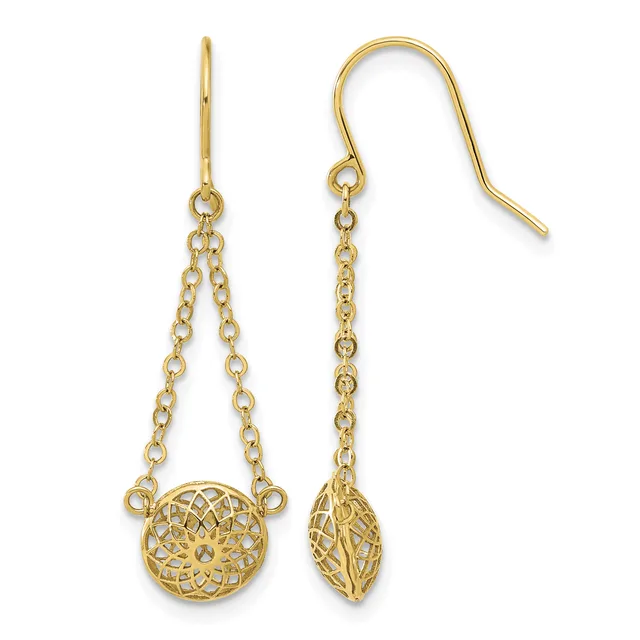 Pair of gold dangle earrings with chain strands suspended from fish hook wires, each featuring a filigree circular pendant on one earring and a leaf-shaped pendant on the other.