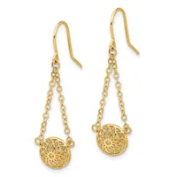 Pair of gold-toned drop earrings with chain strands suspended from curved ear wires, each terminating in a circular filigree disc pendant.