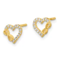 Pair of gold heart-shaped stud earrings with cubic zirconia stones set around the perimeter and small infinity symbol details on the sides.