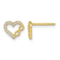 Pair of gold heart-shaped stud earrings with cubic zirconia stones set around the perimeter and an infinity symbol cutout, shown from front and side views.