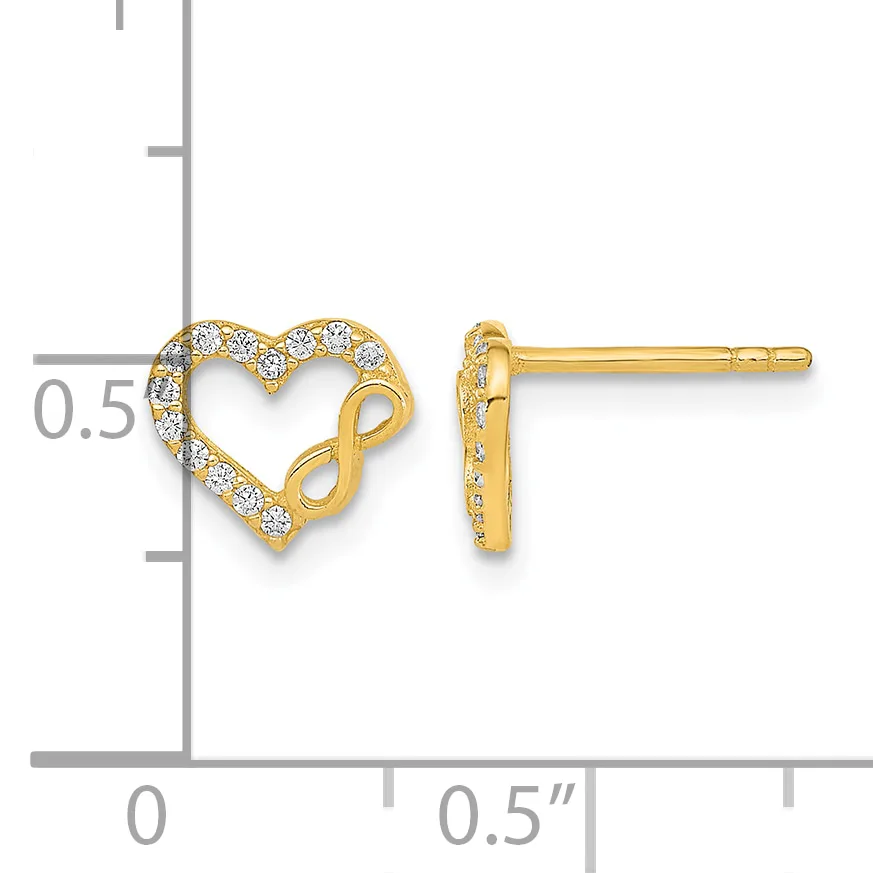 Gold heart-shaped stud earrings with cubic zirconia stones and infinity symbol details, shown from front and side view against a measurement scale.