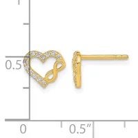 Gold heart-shaped stud earrings with cubic zirconia stones and infinity symbol details, shown from front and side view against a measurement scale.