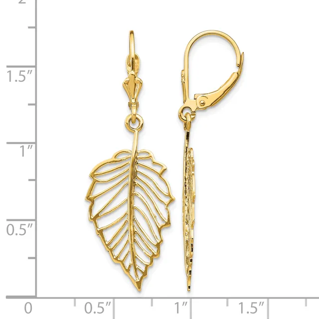 Gold-toned leaf-shaped dangle earrings with openwork vein detailing, shown front and side view against a measurement scale.