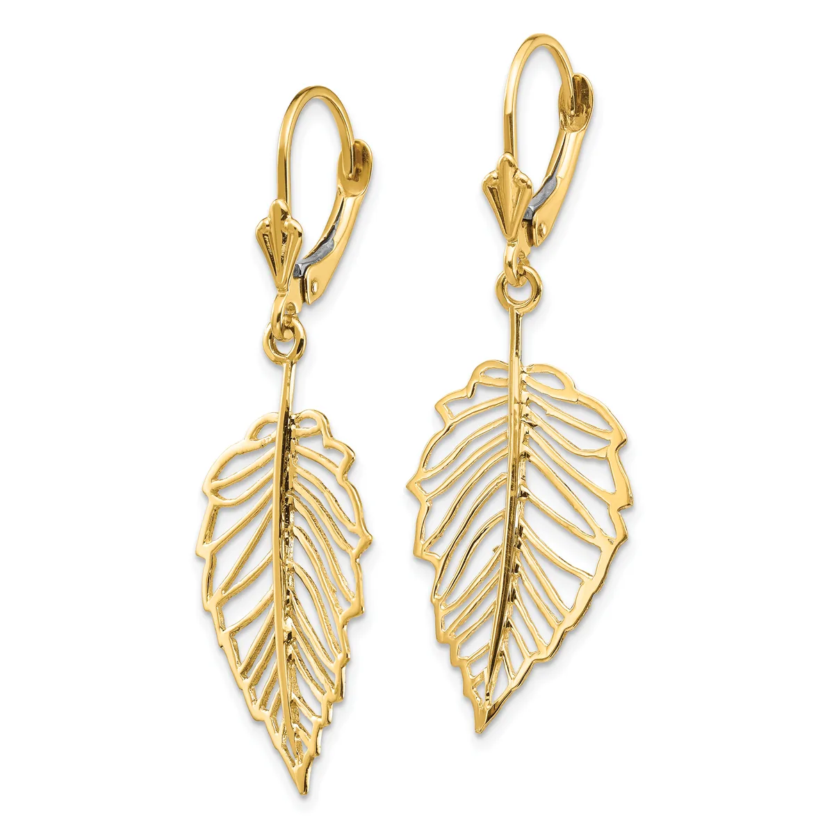 A pair of gold lever-back earrings with openwork leaf-shaped pendants featuring detailed vein patterns throughout.