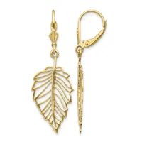 Pair of gold-tone leaf-shaped dangle earrings with leverback closures, shown front and side views.