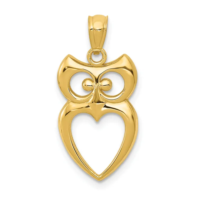 Gold owl pendant with a heart-shaped body and decorative eyes, shown hanging from a bail loop against a white background.