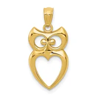 Gold owl pendant with a heart-shaped body and decorative eyes, shown hanging from a bail loop against a white background.